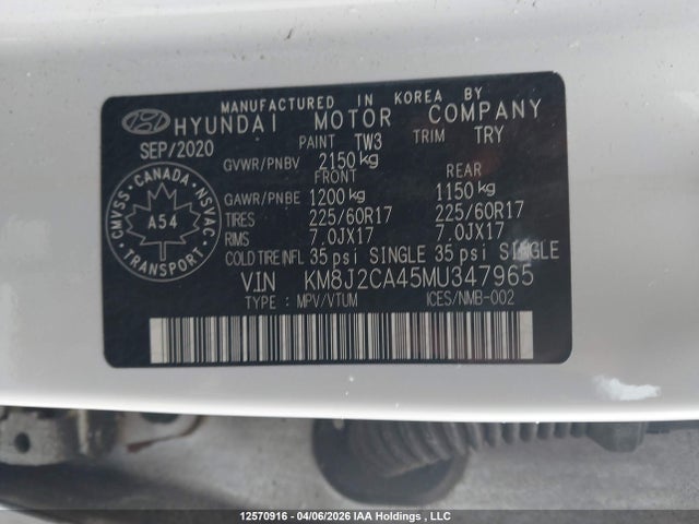 Продажа на аукционе авто 2021 Hyundai Tucson Essential Awd, vin: KM8J2CA45MU347965, номер лота: 12570916