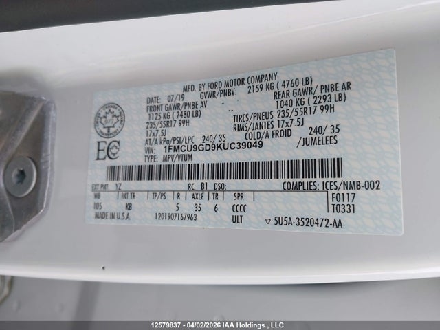 1FMCU9GD9KUC39049 Ford ESCAPE SE