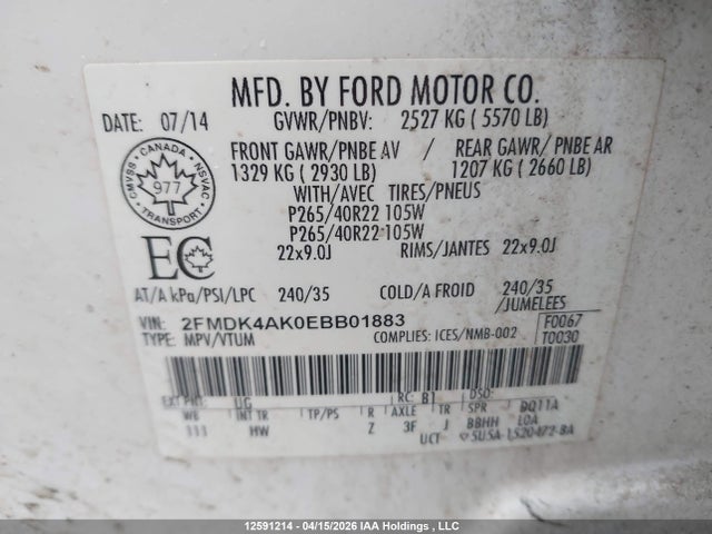 2014 Ford Edge Sport მანქანა იყიდება აუქციონზე, vin: 2FMDK4AK0EBB01883, აუქციონის ნომერი: 12591214