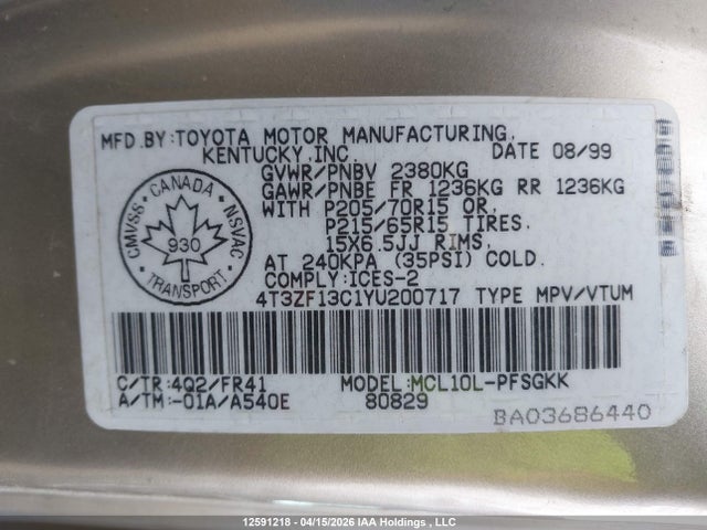 2000 Toyota Sienna Le/xle მანქანა იყიდება აუქციონზე, vin: 4T3ZF13C1YU200717, აუქციონის ნომერი: 12591218
