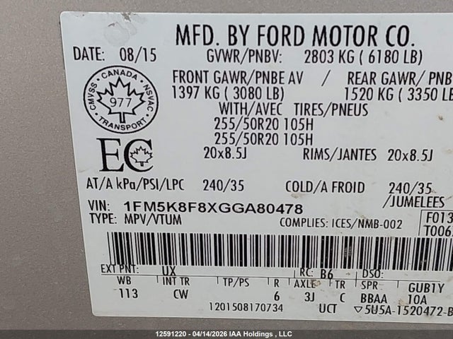 1FM5K8F8XGGA80478 Ford Explorer Limited