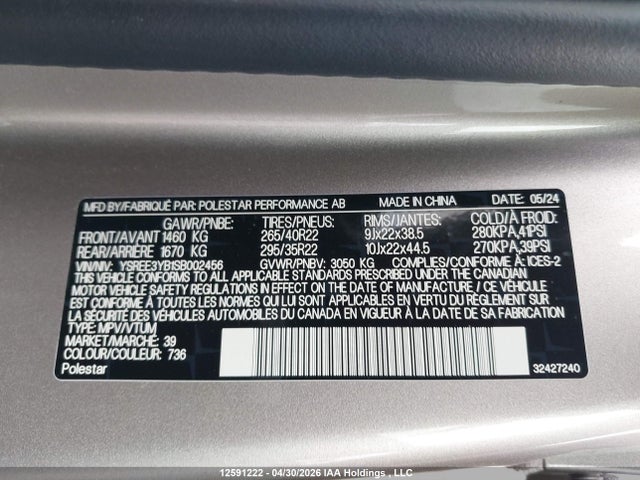 Aukcja sprzedaży 2025 Polestar 3 Long Range Dual Motor/long Range Dual Motor Performance Plus, vin: YSREE3YB1SB002456, numer aukcji: 12591222