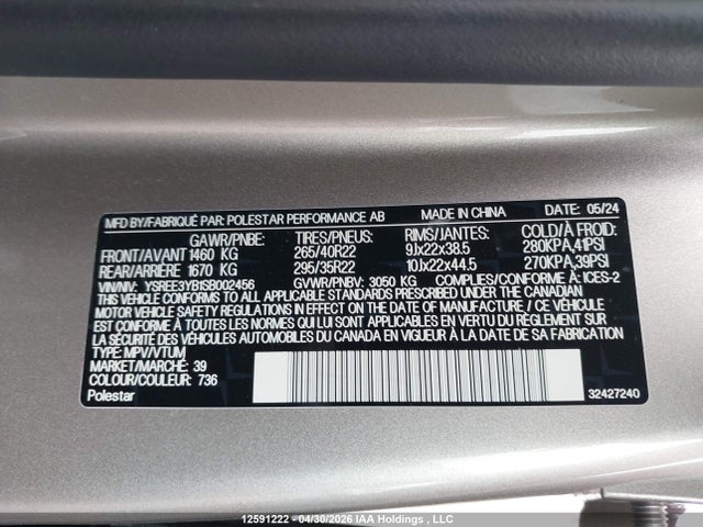Aukcja sprzedaży 2025 Polestar 3 Long Range Dual Motor/long Range Dual Motor Performance Plus, vin: YSREE3YB1SB002456, numer aukcji: 12591222
