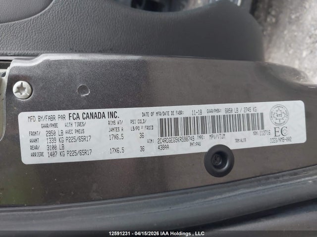 Aukcja sprzedaży 2019 Dodge Grand Caravan Gt, vin: 2C4RDGEG5KR598749, numer aukcji: 12591231