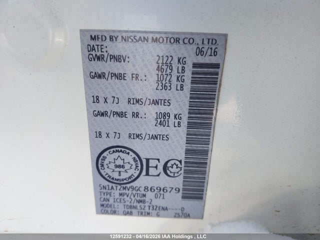 5N1AT2MV9GC869679 Nissan Rogue S/sl Premium/sv