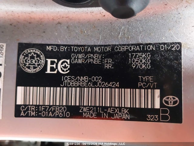 2020 Toyota Corolla Hybrid მანქანა იყიდება აუქციონზე, vin: JTDBBRBE6LJ026424, აუქციონის ნომერი: 12591234