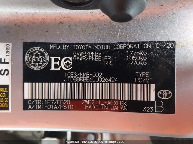 2020 Toyota Corolla Hybrid მანქანა იყიდება აუქციონზე, vin: JTDBBRBE6LJ026424, აუქციონის ნომერი: 12591234