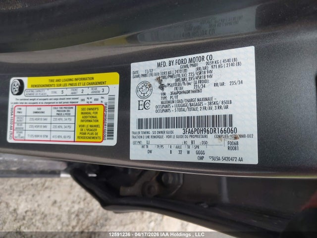 Продаж на аукціоні авто 2013 Ford Fusion Se, vin: 3FA6P0H96DR166060, номер лоту: 12591236