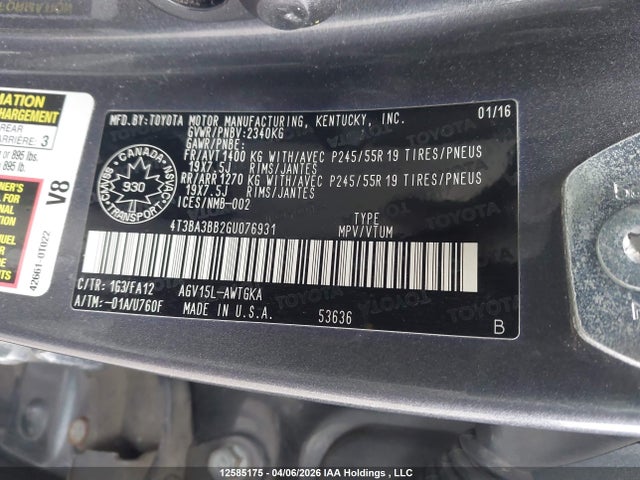 Aukcja sprzedaży 2016 Toyota Venza Base V6, vin: 4T3BA3BB2GU076931, numer aukcji: 12585175