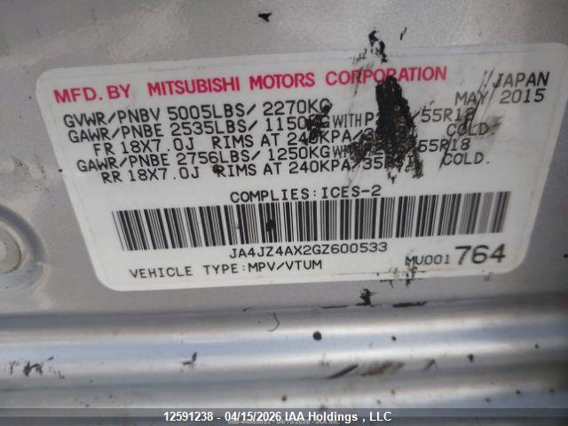 Продаж на аукціоні авто 2016 Mitsubishi Outlander Gt, vin: JA4JZ4AX2GZ600533, номер лоту: 12591238