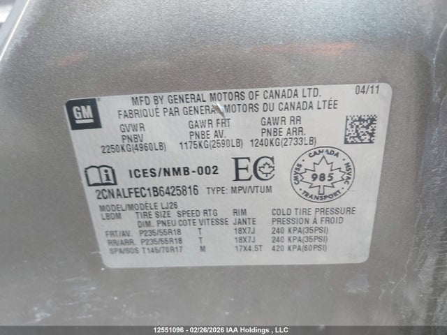 12551096 :رقم المزاد ، 2CNALFEC1B6425816 vin ، 2011 Chevrolet Equinox Ltz مزاد بيع