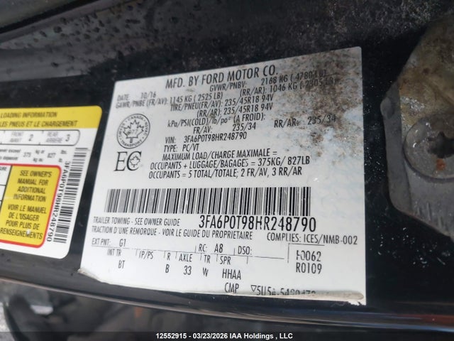 Продаж на аукціоні авто 2017 Ford Fusion Se, vin: 3FA6P0T98HR248790, номер лоту: 12552915