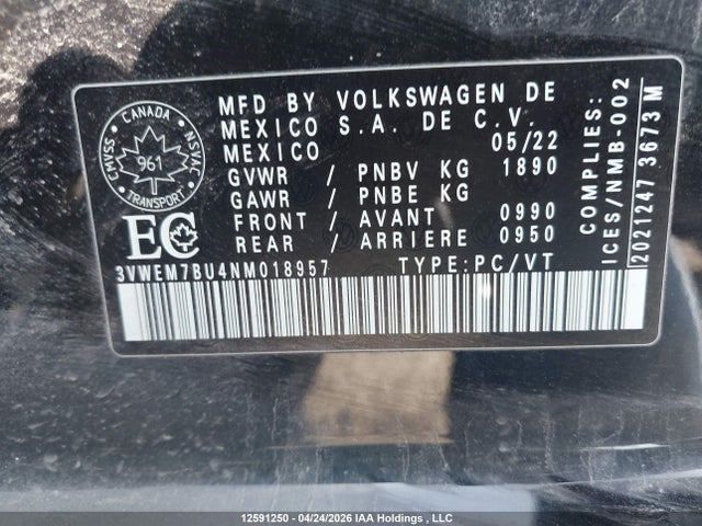 12591250 :رقم المزاد ، 3VWEM7BU4NM018957 vin ، 2022 Volkswagen Jetta Comfortline مزاد بيع