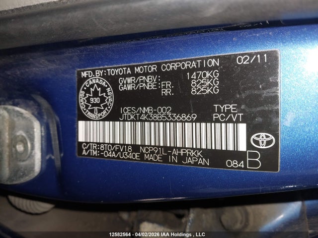 12582564 :رقم المزاد ، JTDKT4K38B5336869 vin ، 2011 Toyota Yaris Le مزاد بيع