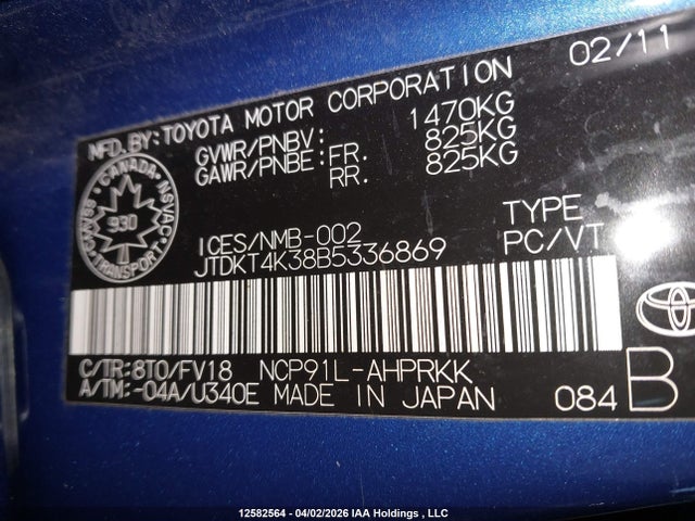 12582564 :رقم المزاد ، JTDKT4K38B5336869 vin ، 2011 Toyota Yaris Le مزاد بيع