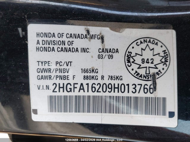 Продаж на аукціоні авто 2009 Honda Civic Dx/dx-a, vin: 2HGFA16209H013766, номер лоту: 12583659
