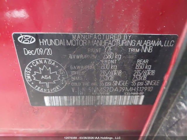 Продаж на аукціоні авто 2021 Hyundai Santa Fe Essential Awd, vin: 5NMS2DAJ9MH312910, номер лоту: 12570358