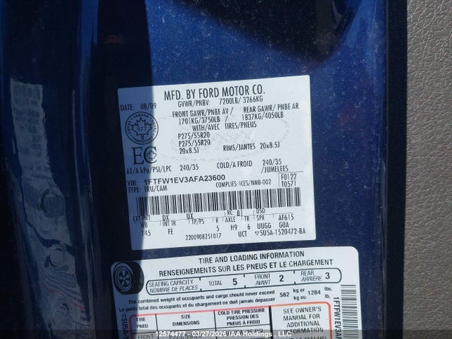 Продажа на аукционе авто 2010 Ford F-150 Fx4/harley-davidson/lariat/xlt, vin: 1FTFW1EV3AFA23600, номер лота: 12574477