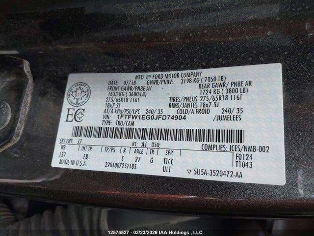 Продаж на аукціоні авто 2018 Ford F-150 Xlt, vin: 1FTFW1EG0JFD74904, номер лоту: 12574527