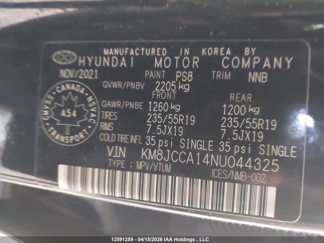 Продажа на аукционе авто 2022 Hyundai Tucson Luxury Hybrid Awd, vin: KM8JCCA14NU044325, номер лота: 12591259