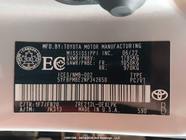 Aukcja sprzedaży 2022 Toyota Corolla, vin: 5YFBPMBE2NP342650, numer aukcji: 12591268