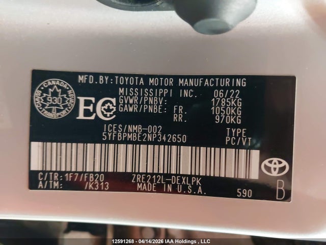 Aukcja sprzedaży 2022 Toyota Corolla, vin: 5YFBPMBE2NP342650, numer aukcji: 12591268