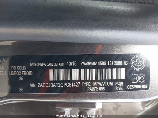 Продажа на аукционе авто 2016 Jeep Renegade Sport, vin: ZACCJBAT2GPC51427, номер лота: 12591270