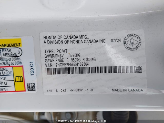 Aukcja sprzedaży 2025 Honda Civic, vin: 2HGFE2F56SH102364, numer aukcji: 12591271