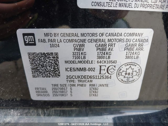 2025 Chevrolet Silverado K1500 Lt მანქანა იყიდება აუქციონზე, vin: 2GCUKDED6S1125364, აუქციონის ნომერი: 12591276