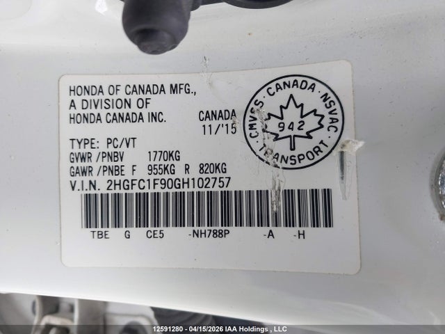 Aukcja sprzedaży 2016 Honda Civic Touring, vin: 2HGFC1F90GH102757, numer aukcji: 12591280