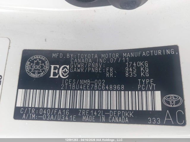 12591283 :رقم المزاد ، 2T1BU4EE7BC648968 vin ، 2011 Toyota Corolla S/le مزاد بيع