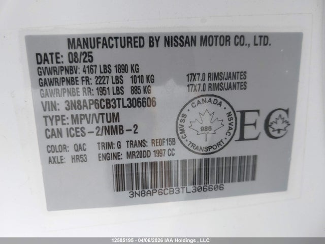 Продажа на аукционе авто 2026 Nissan Kicks Sv, vin: 3N8AP6CB3TL306606, номер лота: 12585195