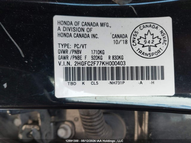Продаж на аукціоні авто 2019 Honda Civic Sedan Ex, vin: 2HGFC2F77KH000403, номер лоту: 12591300
