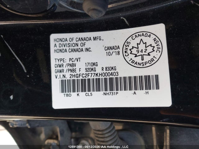 Продаж на аукціоні авто 2019 Honda Civic Sedan Ex, vin: 2HGFC2F77KH000403, номер лоту: 12591300