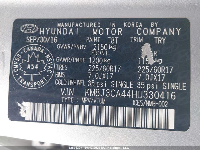 KM8J3CA44HU330416 Hyundai Tucson Limited/sport And Eco/se