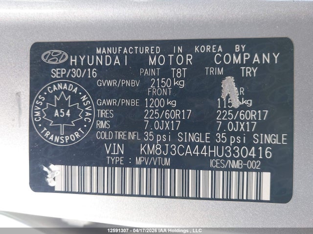 KM8J3CA44HU330416 Hyundai Tucson Limited/sport And Eco/se