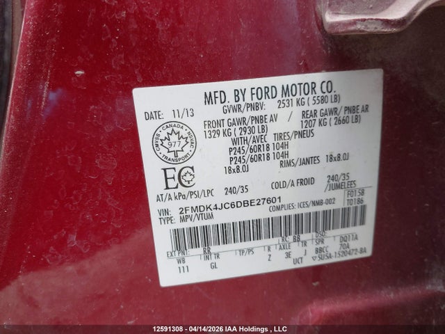 12591308 :رقم المزاد ، 2FMDK4JC6DBE27601 vin ، 2013 Ford Edge Sel مزاد بيع