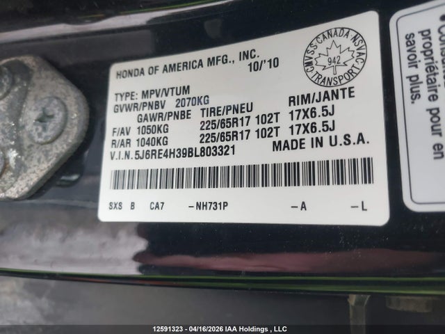 Aukcja sprzedaży 2011 Honda Cr-v Lx, vin: 5J6RE4H39BL803321, numer aukcji: 12591323
