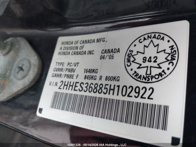 Aukcja sprzedaży 2005 Acura El Premium, vin: 2HHES36885H102922, numer aukcji: 12591326