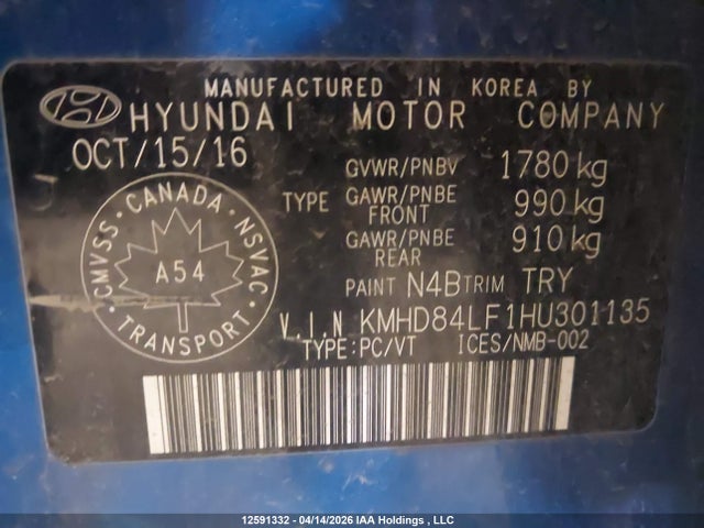 KMHD84LF1HU301135 Hyundai Elantra Se/value/limited