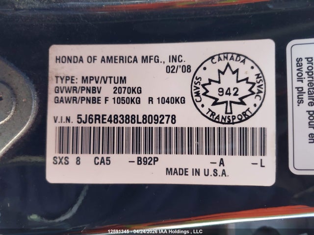 Продажа на аукционе авто 2008 Honda Cr-v Lx, vin: 5J6RE48388L809278, номер лота: 12591345
