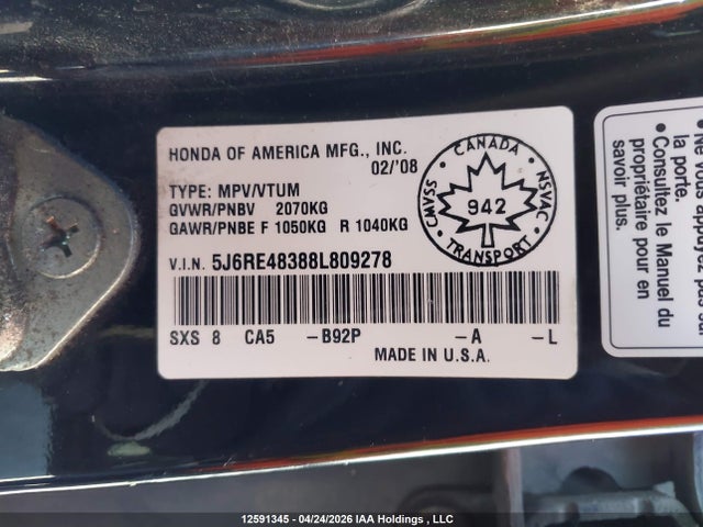 Продажа на аукционе авто 2008 Honda Cr-v Lx, vin: 5J6RE48388L809278, номер лота: 12591345