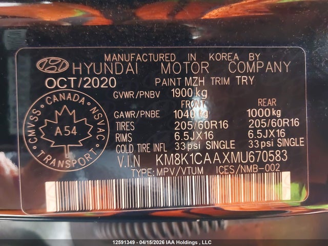 KM8K1CAAXMU670583 Hyundai Kona Se