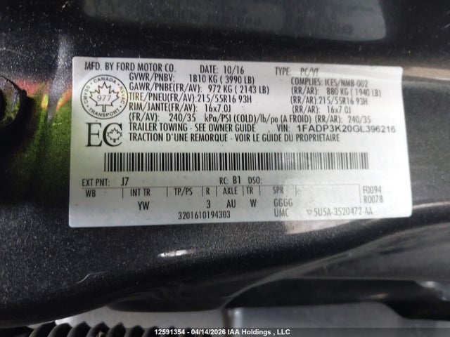 1FADP3K20GL396216 Ford Focus