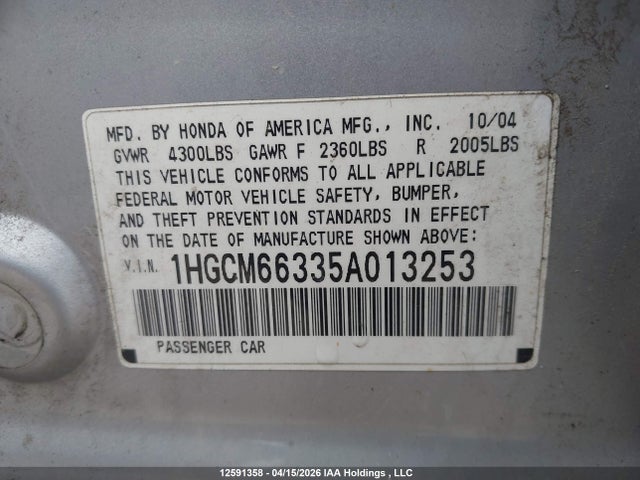 Продажа на аукционе авто 2005 Honda Accord Lx, vin: 1HGCM66335A013253, номер лота: 12591358