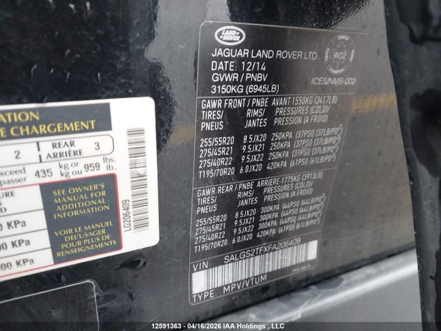 Land Rover Range Rover Supercharged 2015 SALGS2TFXFA206409 Image 9