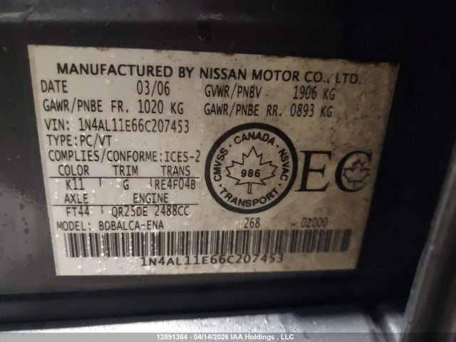 Продаж на аукціоні авто 2006 Nissan Altima 2.5 S, vin: 1N4AL11E66C207453, номер лоту: 12591364