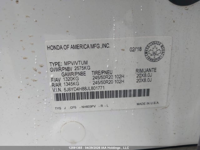 Aukcja sprzedaży 2018 Acura Mdx, vin: 5J8YD4H88JL801771, numer aukcji: 12591365