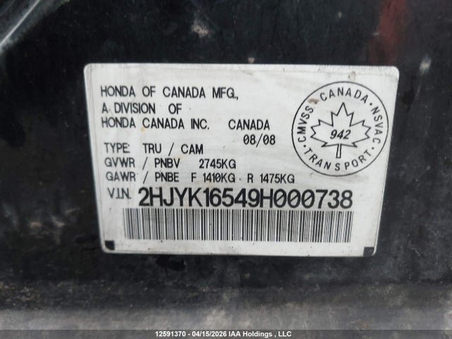 12591370 :رقم المزاد ، 2HJYK16549H000738 vin ، 2009 Honda Ridgeline Rtl مزاد بيع