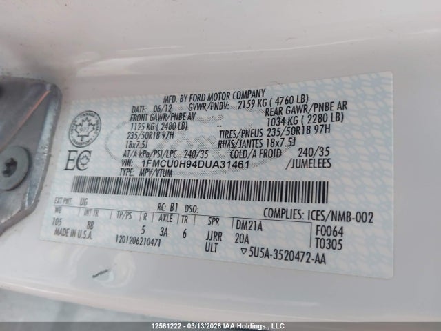 12561222 :رقم المزاد ، 1FMCU0H94DUA31461 vin ، 2013 Ford Escape Sel مزاد بيع